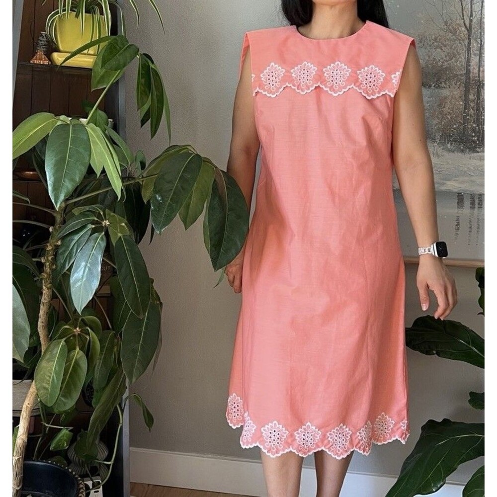 vintage 60s orange white embroidered sailor collar sheer mod midi dress medium‎